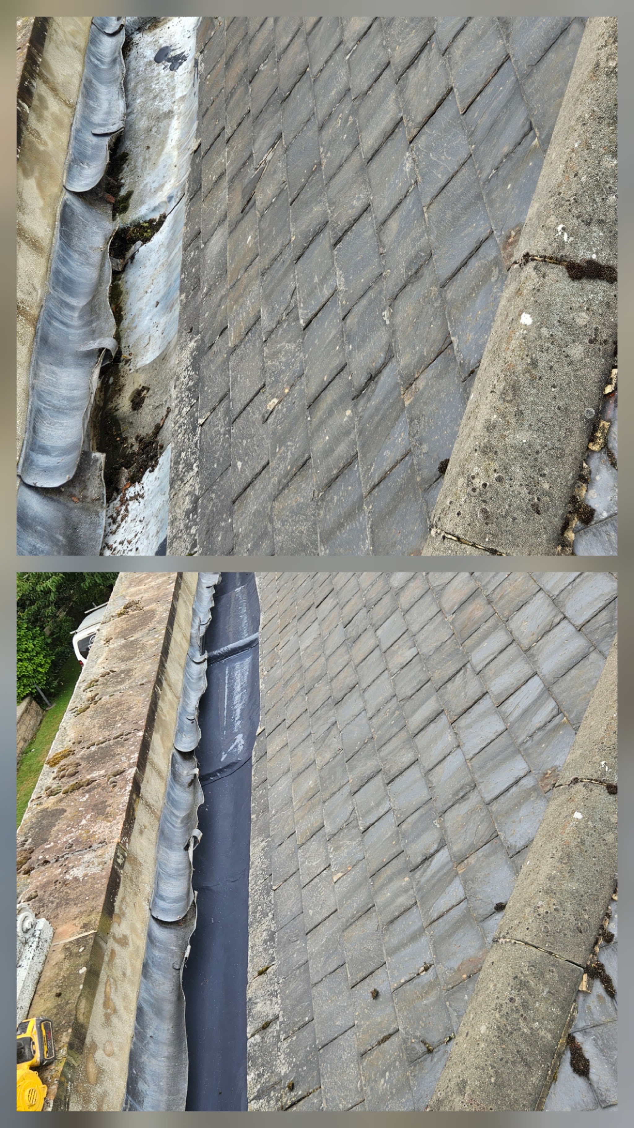 Before and after photos of a gutter channel between slates and a stone wall